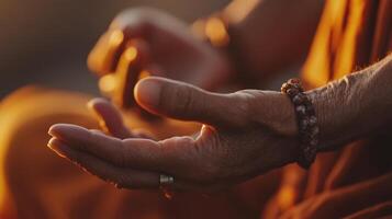A person in a meditation pose with their hands out photo
