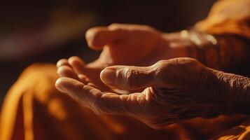 Close-up view of aged hands in prayerful position. photo