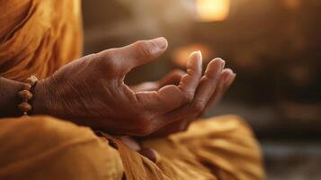 Close-up view of peaceful hands in meditation posture. photo