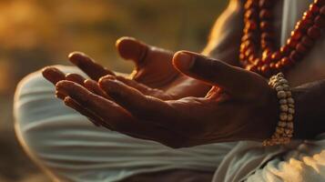Close-up of hands in prayerful posture at sunset. photo