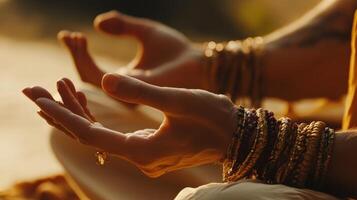Close-up view of hands in meditation pose, adorned with bracelets. photo