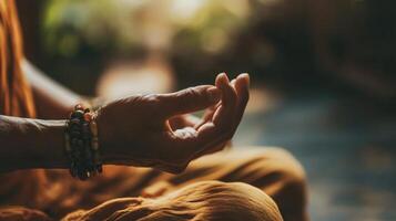 A person sitting in a meditation pose with their hands open photo