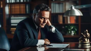A serious man in a suit sitting at a desk pondering photo