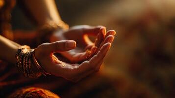 Close-up view of peaceful hands in a meditative pose. photo