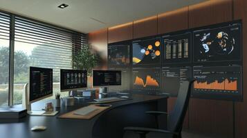 Modern office workspace with data displays and large monitors. photo