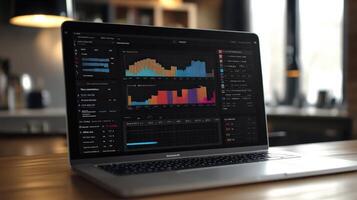 Modern laptop displaying complex data visualization photo