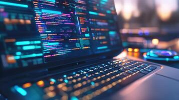 Laptop computer displays detailed programming code with illuminated keyboard keys photo