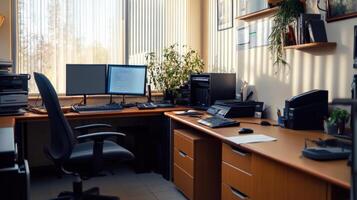 Interior office workspace with a corner desk and dual monitors. photo