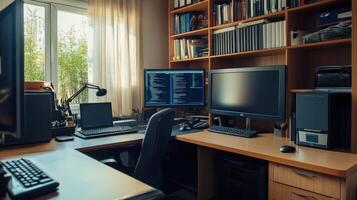 Home office workspace with multiple computer monitors. photo