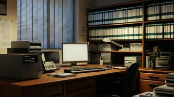 Dimly lit office workspace with filing cabinet. photo