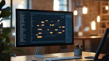 Modern computer display showing a complex flowchart. photo
