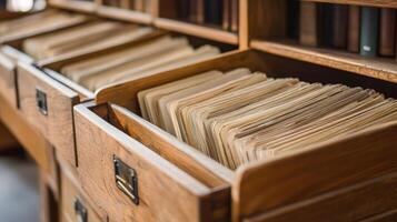 Wooden filing cabinets filled with old documents. photo
