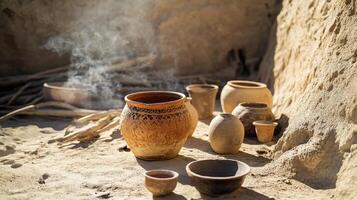 Ancient clay pottery collection in a sunlit cave setting. photo