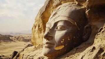Ancient stone carving of a pharaoh's head in a desert landscape. photo