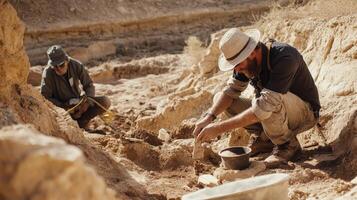 Two archaeologists excavating a paleontological site in the desert. photo