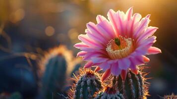 Pink desert flower blossoms amidst cacti. photo