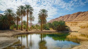 Sunny oasis with palm trees reflecting in tranquil pool. photo