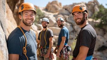 Four rock climbers posing by a stone face. photo