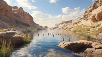 Sunny desert oasis with birds and tranquil water. photo