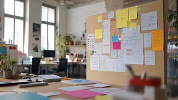 Modern workspace interior with a vibrant bulletin board. photo