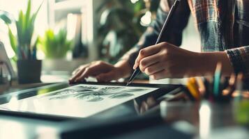 Close-up of digital drawing session at a desk. photo