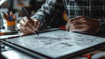 Close-up view of a person drawing on a digital tablet. photo