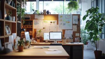 Cozy workspace interior with natural light and plants. photo