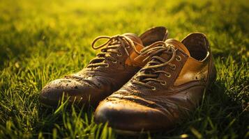 Pair of muddy leather shoes on grass. photo