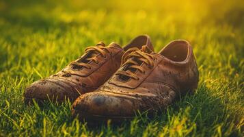 Pair of worn leather shoes on grassy field. photo