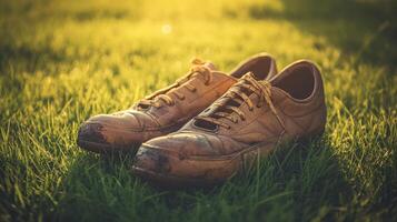 Worn leather sports shoes resting on a grassy field. photo