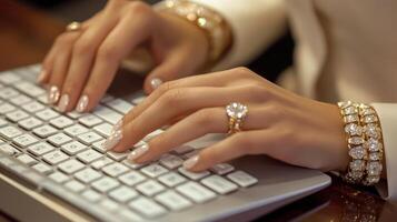 Person typing on a keyboard with jewelry adorned hands photo