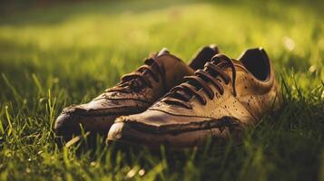 Mud-caked sneakers resting on a grassy field. photo