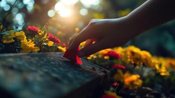 A hand gently touches a small red object by colorful flowers photo