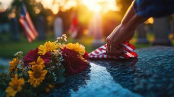 Person placing folded fabric on a tombstone next to flowers photo