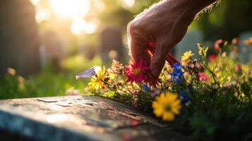 A hand places flowers on a stone in a graveyard setting photo