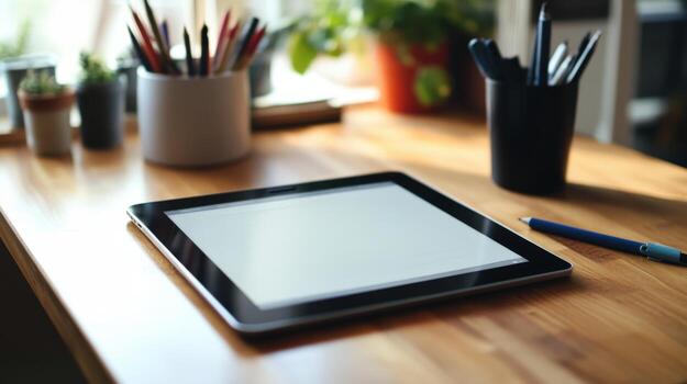 Modern tablet computer resting on a wooden surface. photo