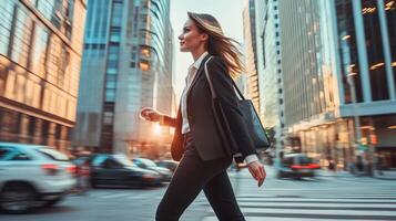 A woman in business attire walks in a city setting photo