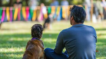 Park scene of man and dog watching a dog show. photo