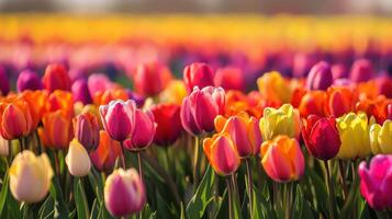 Colorful tulip field displaying vibrant spring blossoms. photo