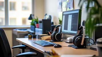 Modern workspace desk with computer and headphones. photo