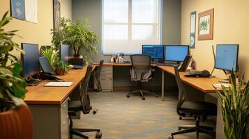 Modern, well-lit office space with workstations and plants. photo