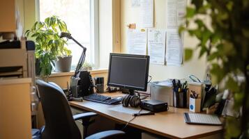 A well-organized workspace with natural light. photo