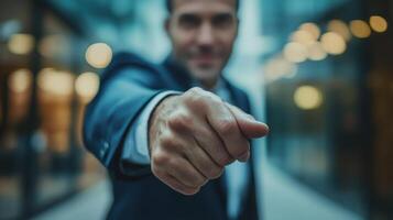 Businessman pointing towards camera with a serious expression on his face photo