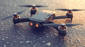 Close-up view of a modern drone on asphalt. photo