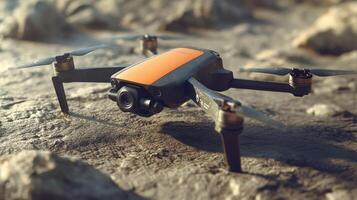 Close-up view of a small drone on a rocky beach. photo