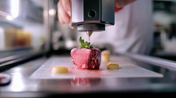 Gourmet meat preparation with a precision device. photo