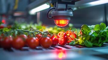Automated food inspection system examining fresh produce. photo