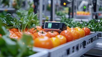 Close-up view of automated produce handling in a modern greenhouse. photo