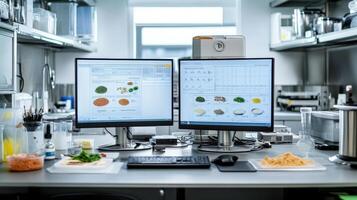 Modern laboratory workspace with computer monitors displaying food analysis data. photo