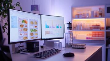 Modern workspace with computers and food charts. photo